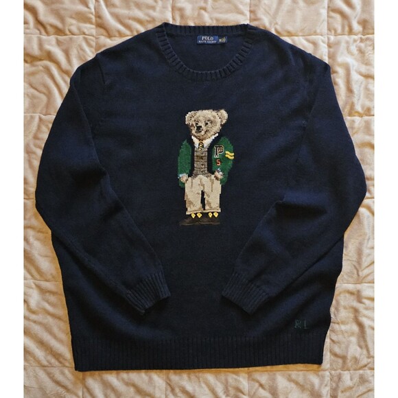 Polo Ralph Lauren Bear Sweater Knit Mens 3XL P Wing Navy Blue Preppy Varsity - Picture 1 of 6